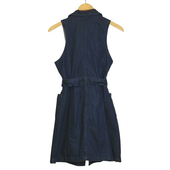 TOPSHOP MOTO Blue Denim Mini Dress Sleeveless Zip Up Front Belted Tie Waist 10 - Picture 8 of 13